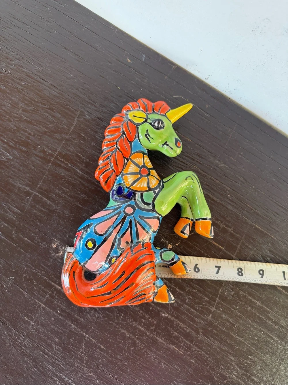Hand-Painted Talavera Green and Orange Unicorn Wall Accent